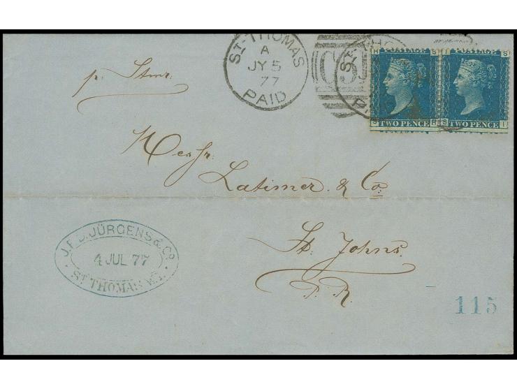 DANISH WEST INDIES: "C51 / ST. THOMAS PAID JY 5 77", duplex cancel, 2 strikes on horizontal pair 2 d. blue on entire letter t