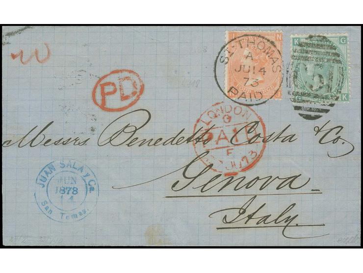 "C51 / ST. THOMAS PAID JU 14 73", duplex on 4 d. vermilion, plate 13 and 1 sh. green, plate 7 on letter sheet via London to G