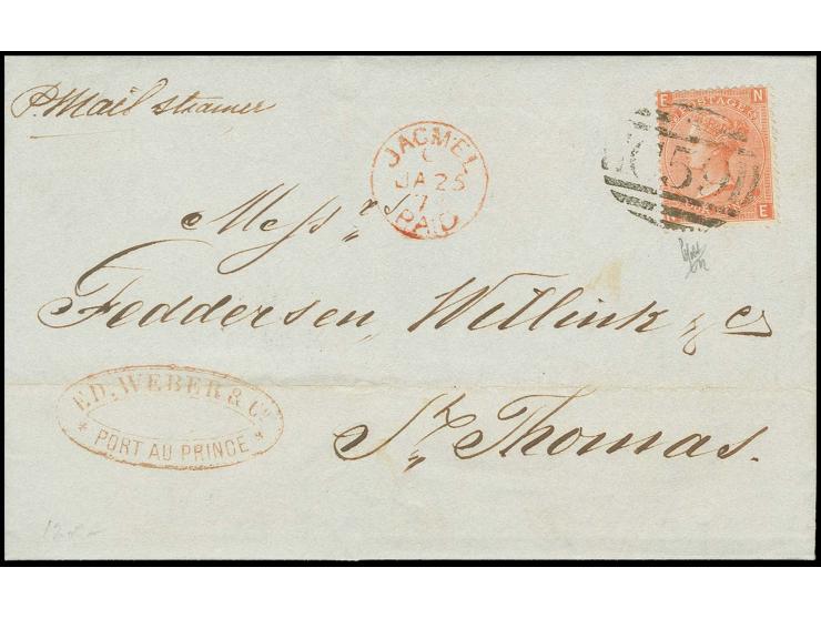 HAITI: "C59" on 4 d. vermilion, plate 14, on entire letter from Port au Prince with adjacent red "JACMEL PAID JA 25 77" to St