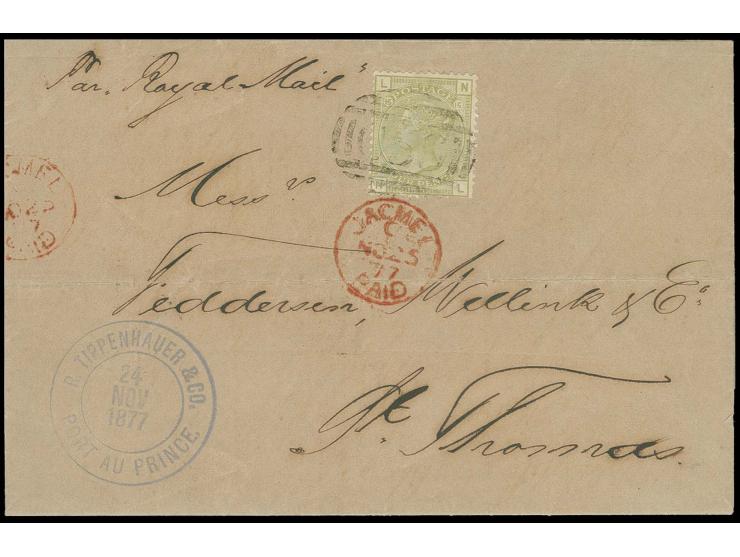 "C59" on 4 d. sage-green on entire letter from Port au Prince with adjacent red "JACMEL PAID NO 25 77" to St. Thomas with arr