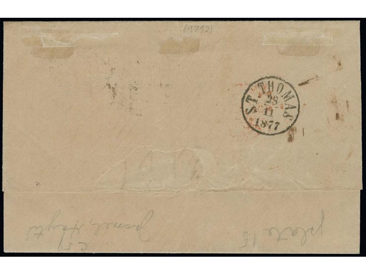 "C59" on 4 d. sage-green on entire letter from Port au Prince with adjacent red "JACMEL PAID NO 25 77" to St. Thomas with arr