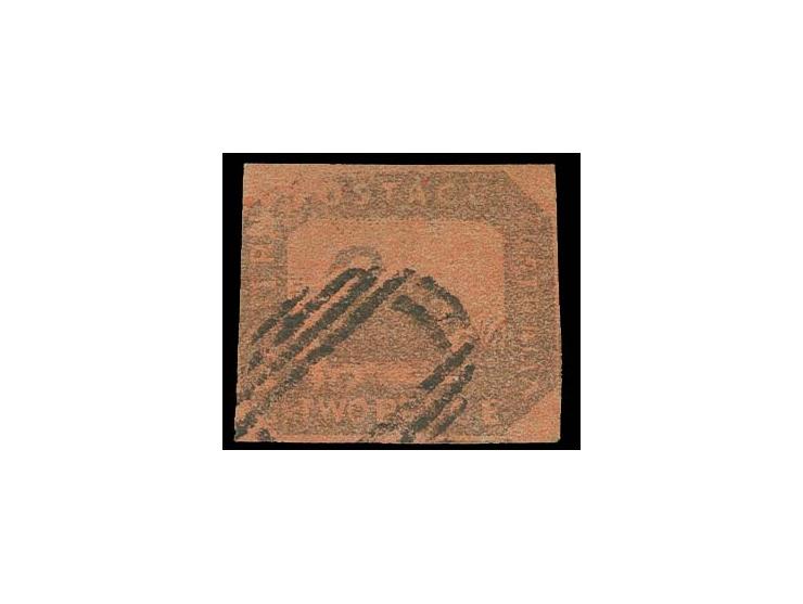 1857/59, 2 d. brown-black on red, printed on both sides, used, quite good margins for this stamp, sign. Roig (faint)