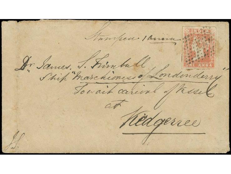 1 a. dull red, die II, tied by diamond of dots to small cover, endorsed "to wait for arrival of Vessel", somewhat unfresh and