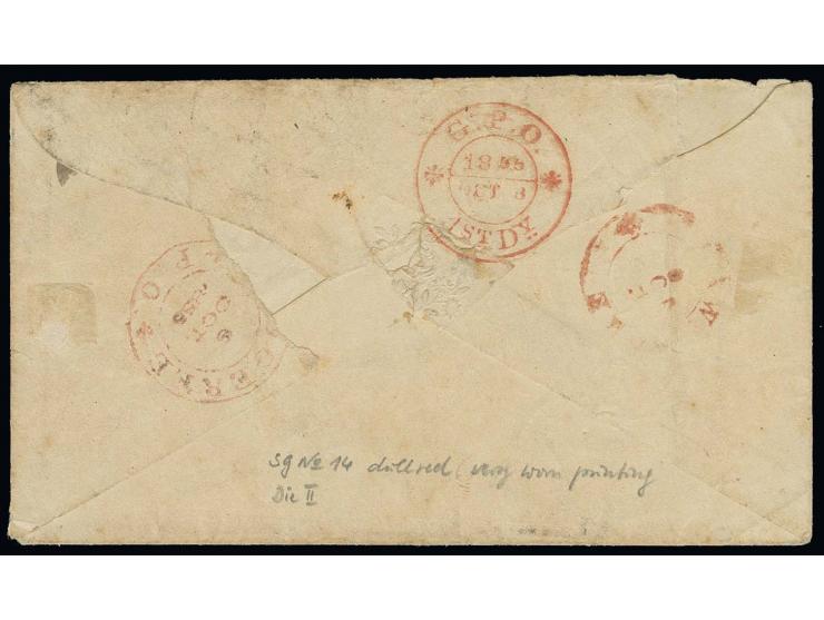 1 a. dull red, die II, tied by diamond of dots to small cover, endorsed "to wait for arrival of Vessel", somewhat unfresh and
