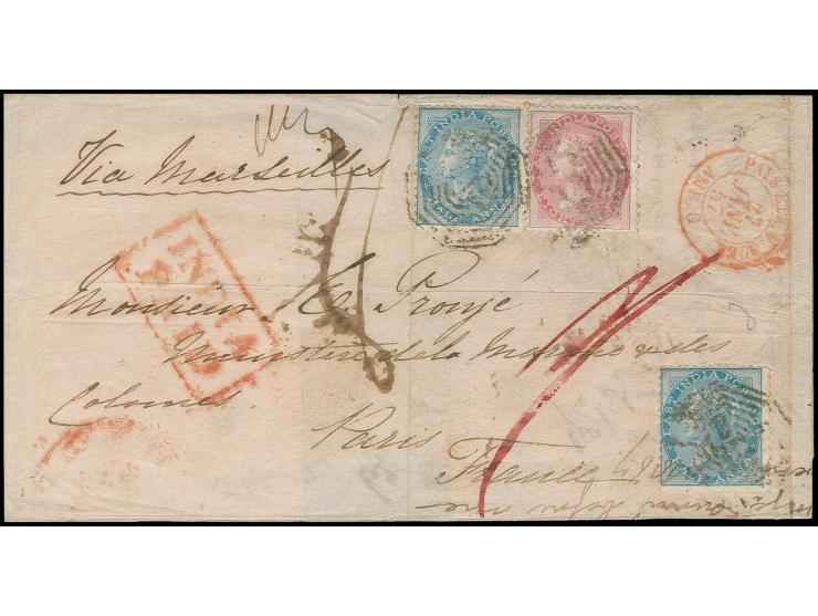 1855, 8 a. carmine and two singles 1856 ½ a. blue tied by octogonal cancel to folded letter to Paris, on front several markin