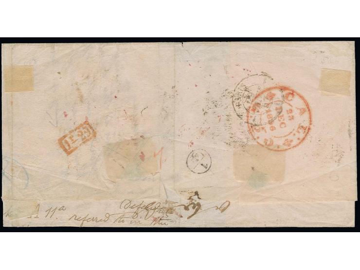 1855, 8 a. carmine and two singles 1856 ½ a. blue tied by octogonal cancel to folded letter to Paris, on front several markin