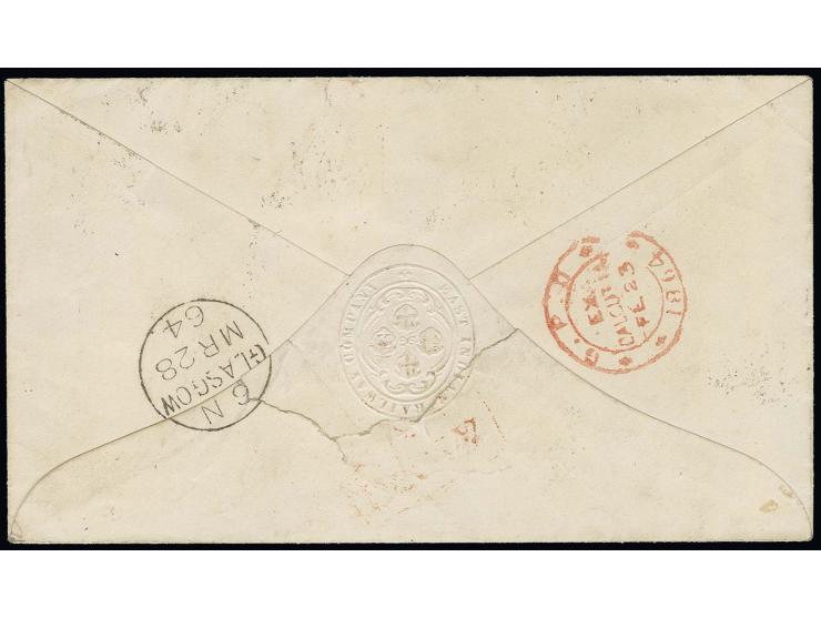 1856, 1 a. brown, 2 a. yellow and 4 a. black and 1860 8 p. purple tied by octogonal cancel to cover to Glasgow, on front boxe