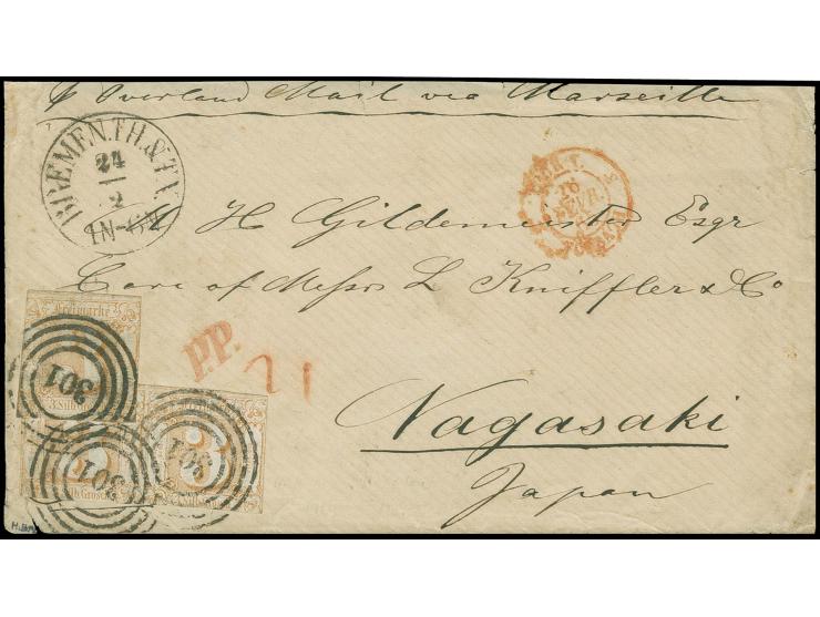 JAPAN: 1862/64, 3 Silbergroschen ockerbraun, waagerechtes Paar und Einzelmarke, beide teils angeschnitten, mit sauberer Numme