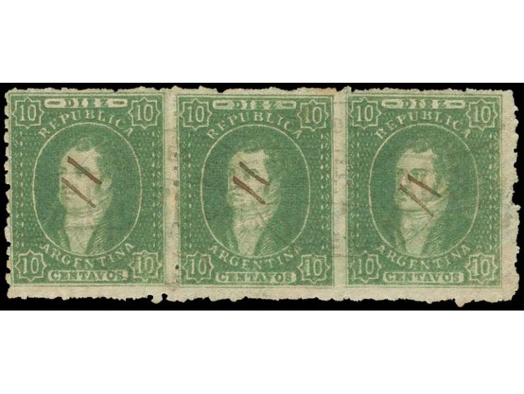 1864, Rivadavia 10 c. green, horizontal strip of 3 with 2 strikes of oval "SoDel E. / Certificado / A. DE C.N." (Santiago del
