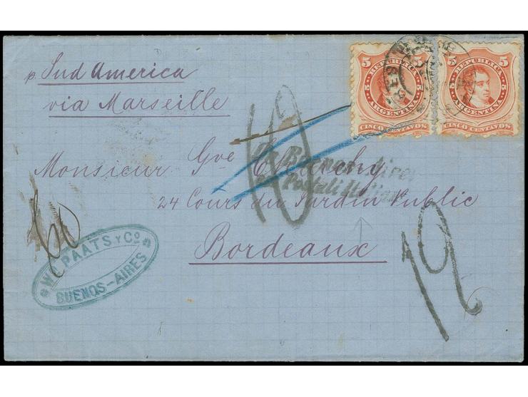 1867/74, 5 c. vermilion, 2 copies, tied to entiere letter from Buenos Aires to Bordeaux with adjacent "Da Buenos Aires coi Po