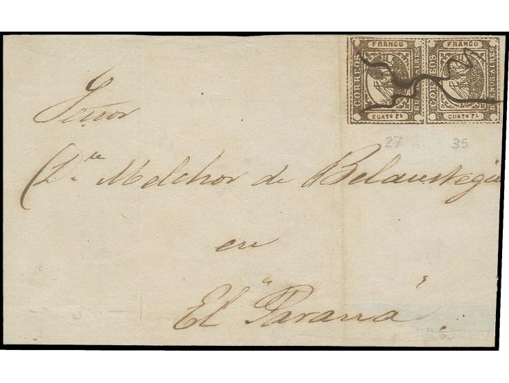 4 r. brown in vertical pair, frame line touched at sides, otherwise good to large margins, with manuscript squiggle cross on 