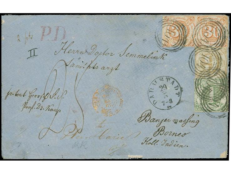 NIEDERLÄNDISCH INDIEN: 1859/61, 30 Kreuzer orange im waagerechte Paar mit 1865, 9 Kreuzer braunocker und 1866, 1 Kreuzer dunk