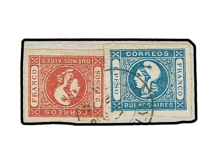 1859, 2 p. red and 1 p. blue, both with large margins, tied by Buenos Aires cds. to small piece, very fine