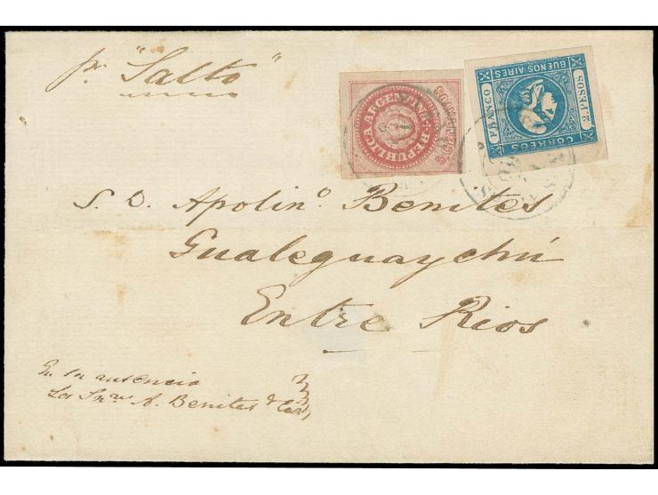 1862, Cabecitos 2 p. blue with large margins in combination with Republic Issue 1862, 5 c. red, just clear at lower left, oth