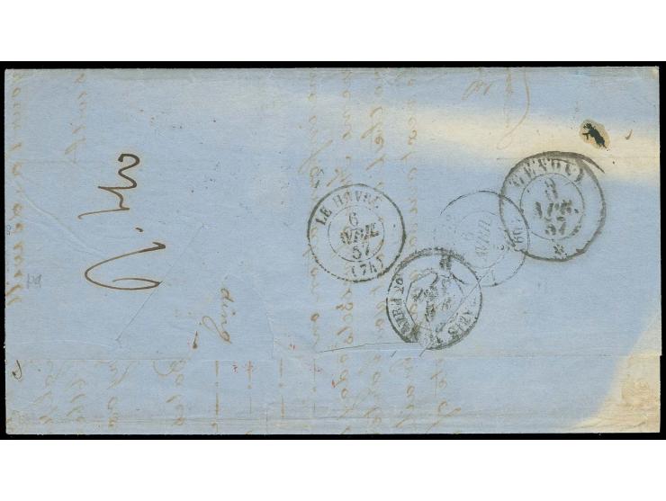 BRITISH POST OFFICE: 1857, "BUENOS * AYRES 18 GEN 57", clear blue date stamp on letter sheet with part of contents via Rio an
