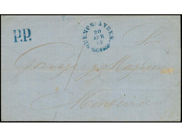 "BUENOS * AYRES 20 APR 57", cds. in blue with adjacent blue "P.P." on letter sheet with manuscript "1" rating to Montevideo; 