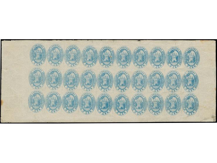1858, Coat of Arms 5 c. blue on laid paper, a complete sheet of 30 stamps with large margins all around, unused with large pa