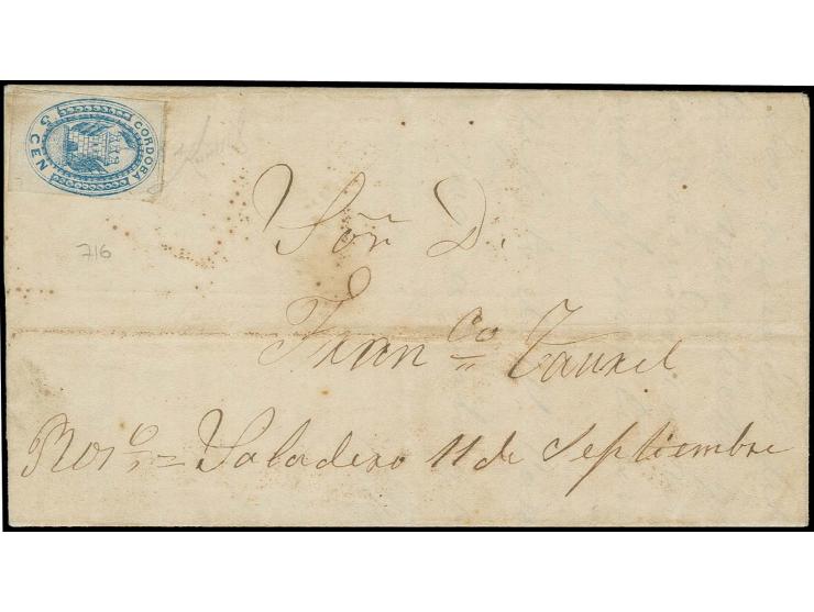 1858, Coat of Arms 5 c. blue, good to wide margins all around used on entire letter from Villa Nueva 1860 to Rosario, blunt u