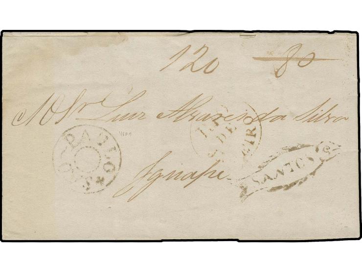1839, "SANTOS" fancy cancel in form of a fish, clear strike with adjacent "SAO PAULO" and "RIO DE JANEIRO" on entire printed 