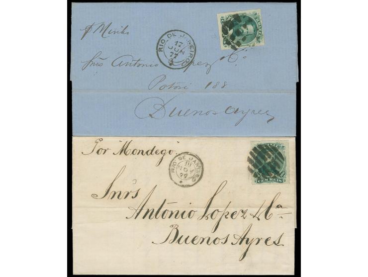1877, King Pedro II. 100 r. green, two single stamp on two folded letter from Rio de Janeiro to Buenos Aires with arrival mar