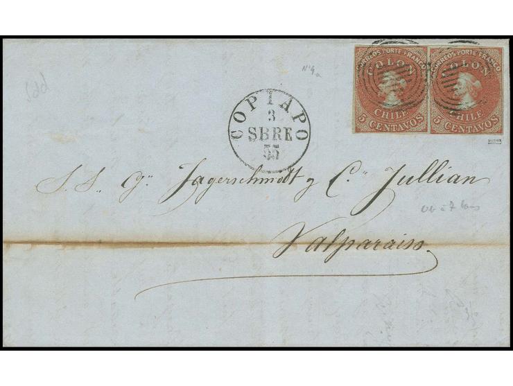 1855, 2. London Printing 5 c. brown on bluish, horizontal pair with clear to wide margins, tied to lettersheet with adjacent 