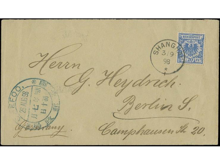 "CHEFOO 26.AUG." large dollar chop in blue on cover 1898 with German stamp 20 pfg. blue with cds. "SHANGHAI 3.9." and transit