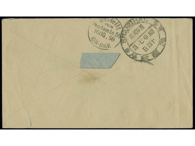 "CHEFOO 26.AUG." large dollar chop in blue on cover 1898 with German stamp 20 pfg. blue with cds. "SHANGHAI 3.9." and transit