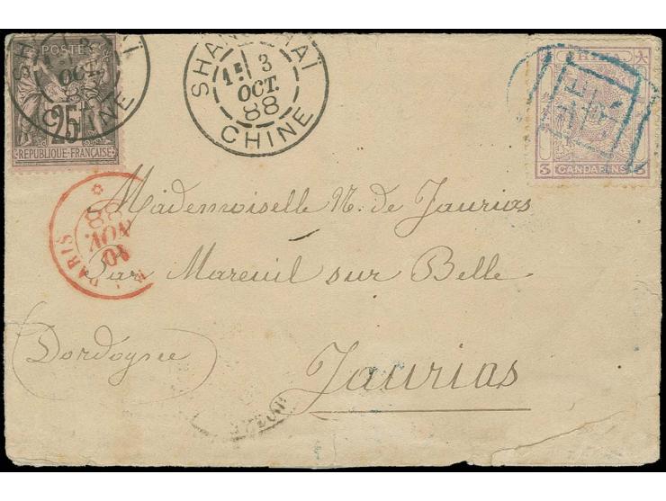 1885/88, Small Dragon 3 ca. violet tied by blue seal of Peking to small envelope with additional franking France type Sage 25