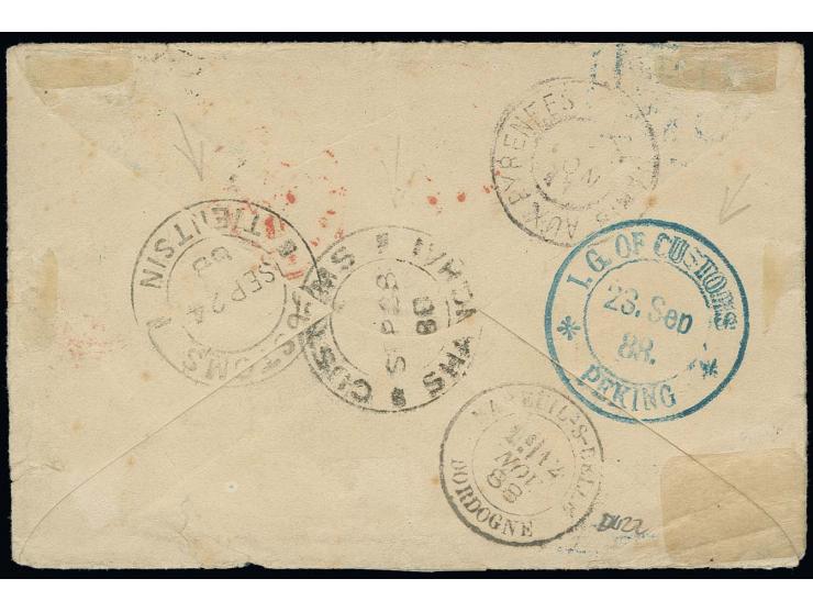 1885/88, Small Dragon 3 ca. violet tied by blue seal of Peking to small envelope with additional franking France type Sage 25