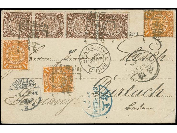 1902, colling dragon 1/2 c., vertical stripe of 4 and 3 single stamp 1 c. tied by tomb stone "Chunghoso" via Shanghai with fr
