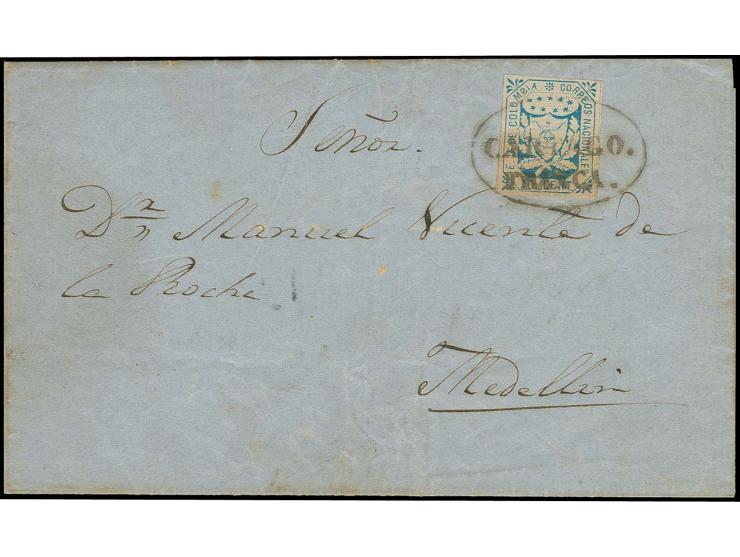 1864, 5 c. blue with good to large margins, tied by clear oval "CARTAGO / FRANCA" to entire letter to Medellin, very fine, ce