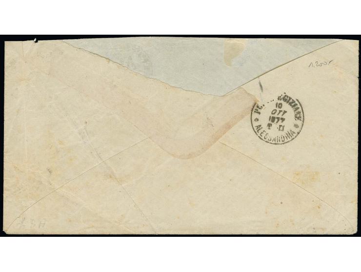 1872/75, Bulaq 10 pa. in horizontal pair and 1 pia., tied by cds. "POSTE EGIZIANE CONSTANTINOPOLI 4 OTT. 77" to cover to Alex