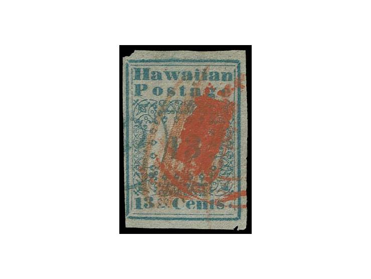 1851, Hawaiian missionaries 13 c. blue in fresh colour and with good to mostly very wide margins, used with red crayon and ca