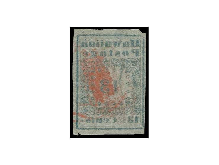1851, Hawaiian missionaries 13 c. blue in fresh colour and with good to mostly very wide margins, used with red crayon and ca