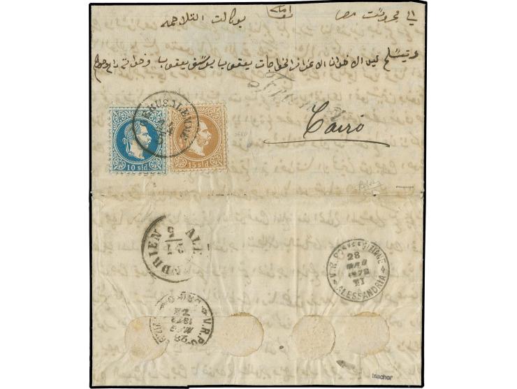 AUSTRIAN POST: "GERUSALEMME 24.5." on 10 so. blue and 15 s. brown on cover 1872 to Cairo with transit mark of Alexandria and 