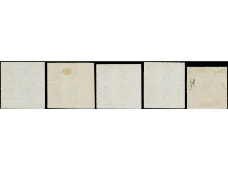 1918, The blues: 1 pia. indigo, control plate blocks of all 4 transfers B, D, F and G, unused, also transfer D used by grid; 
