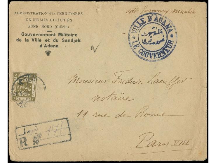 2 pia. tied by Adana cds. to official registered envelope to Paris, on reverse censor mark "CONTROLE POSTA"; slight transport