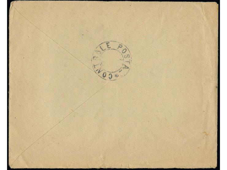 2 pia. tied by Adana cds. to official registered envelope to Paris, on reverse censor mark "CONTROLE POSTA"; slight transport