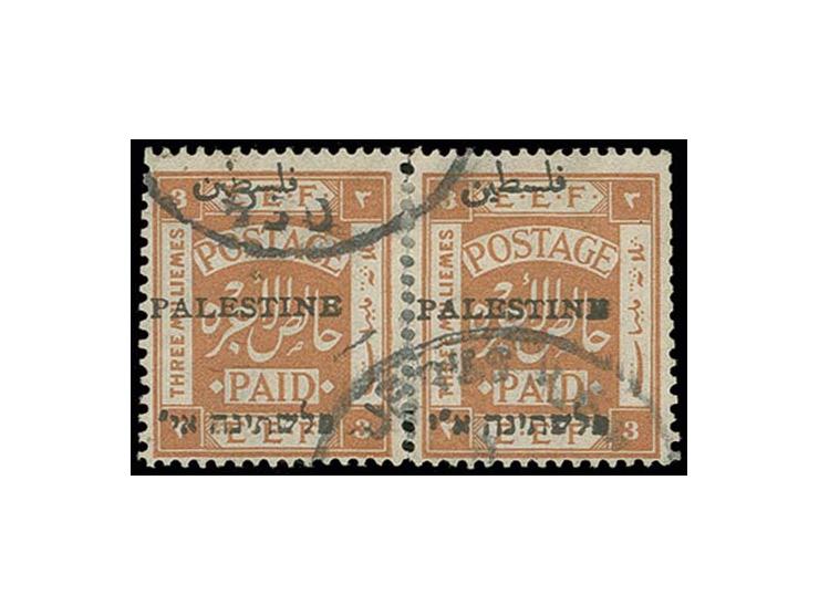 3 m. with "TRANSPOSED"-error in reinforced pair with normal stamp, cancelled with Jerusalem cds., very rare, certificate Kauf