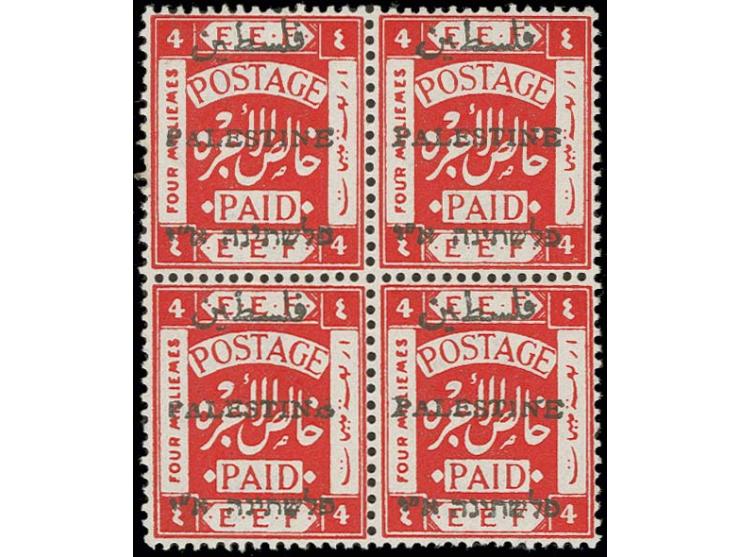 4 m. in block of four with "PALESTINO" variety on pos. 73, unmounted mint, very fine, certificate Kaufmann (Bale 33O.)