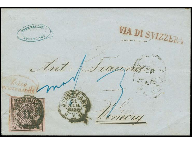 ITALIEN/LOMBARDEI: 1851, 9 Kreuzer auf rosa, rechts oben lupen- sonst voll- bis breitrandig mit Kr. "STUTTGART 21 AUG. 1856" 