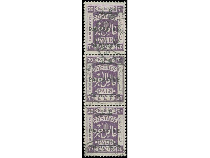 20 pia. in vertical strip of three, the top stamp 25 mm high, used, the variety with slight corner crease, very scarce, the o