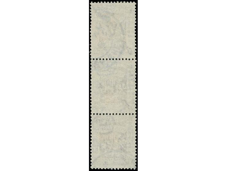 20 pia. in vertical strip of three, the top stamp 25 mm high, used, the variety with slight corner crease, very scarce, the o