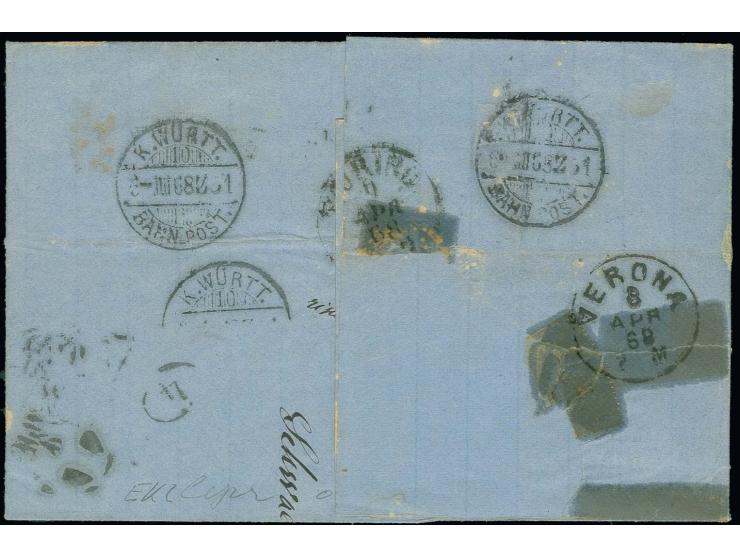 ITALIEN/KÖNIGREICH:1865, 3 Kreuzer rosa, 2 Einzelwerte mit 6 Kreuzer hellblau mit Fächerstempel "GMÜND STADT-POST APR. 6" (18