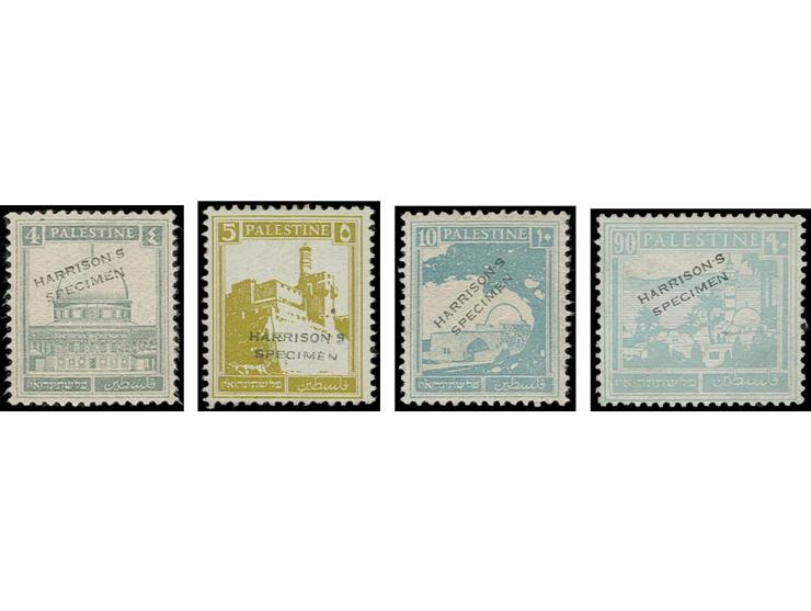 4, 5, 10 and 90 m., all four perforated color trials, overprinted "HARRISON'S / SPECIMEN", regummed, a very rare set, illustr