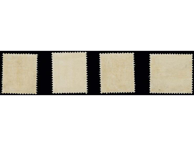 4, 5, 10 and 90 m., all four perforated color trials, overprinted "HARRISON'S / SPECIMEN", regummed, a very rare set, illustr
