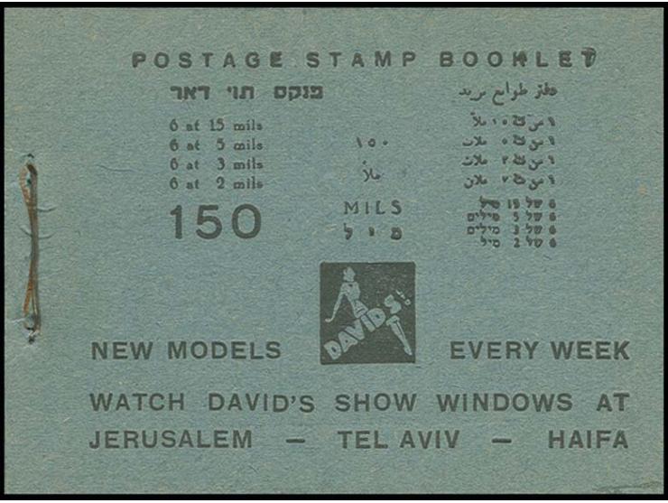 Booklet with blue cover, front and back adverts "DAVID'S", complete with 7 interleaving pages and 4 panes of 6 stamps, the 15