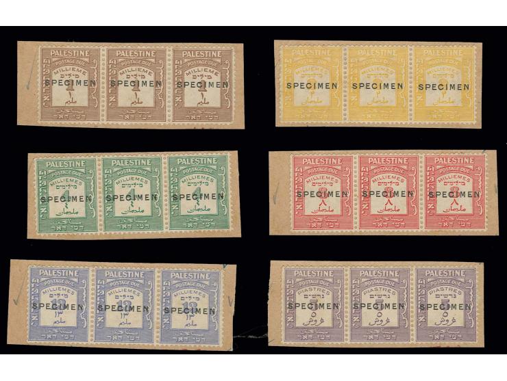 1 m. - 5 pia. with overprint "SPECIMEN" in horizontal strips of 3 mounted on carton paper
