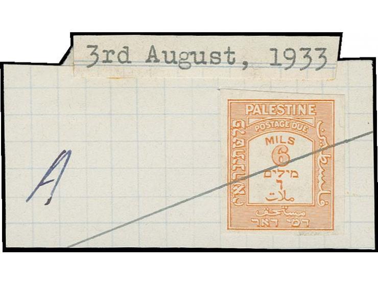 6 m. orange, imperforated color trial, stuck on paper, ruled through by pen with adjacent manuscript "A", believed to be uniq
