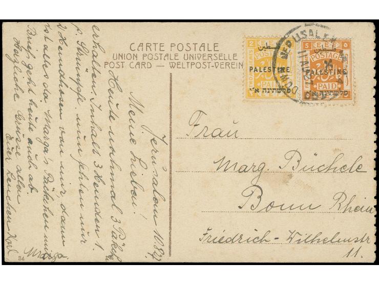 "JERUSALEM-JAFFA PPO DOWN 11 AU 27" on 1922, 2 m. and 5 m. on postcard to Germany